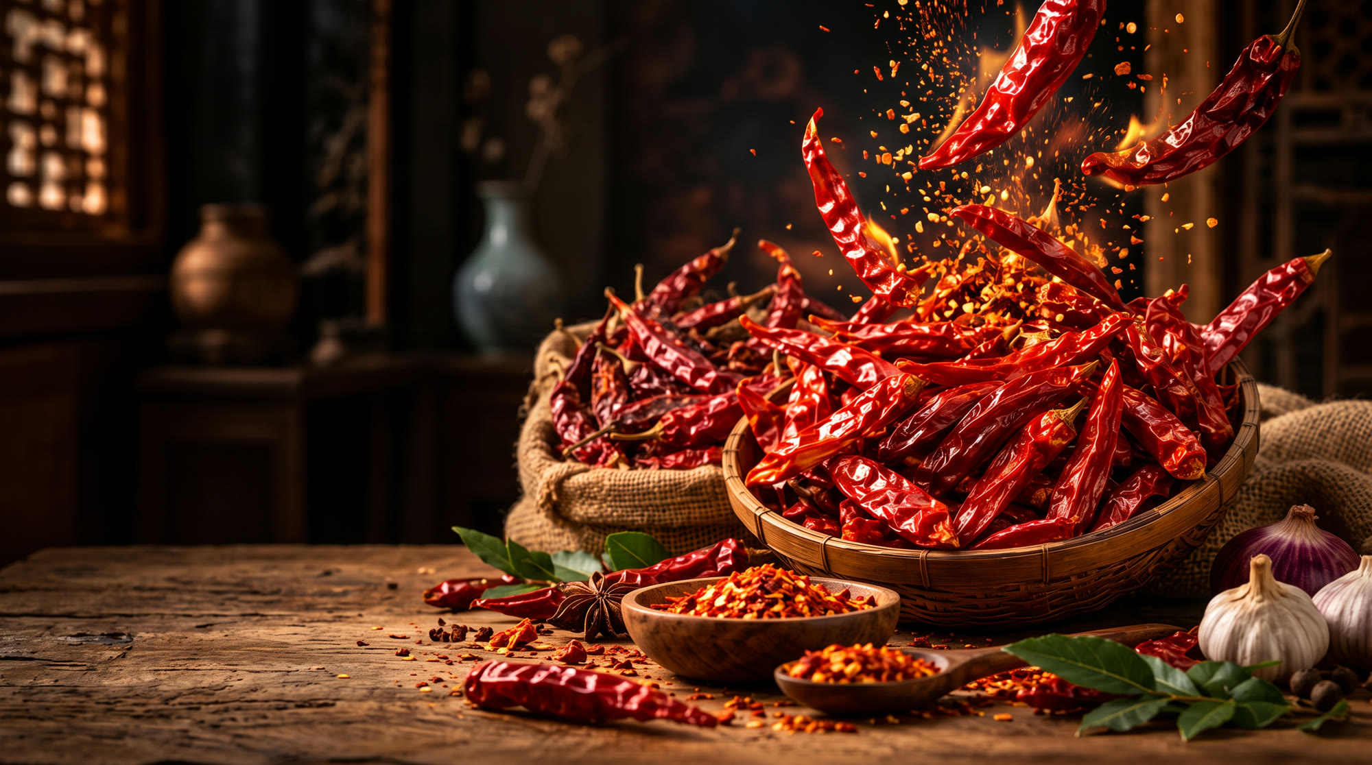 Cili kering merah dalam bakul dengan rempah